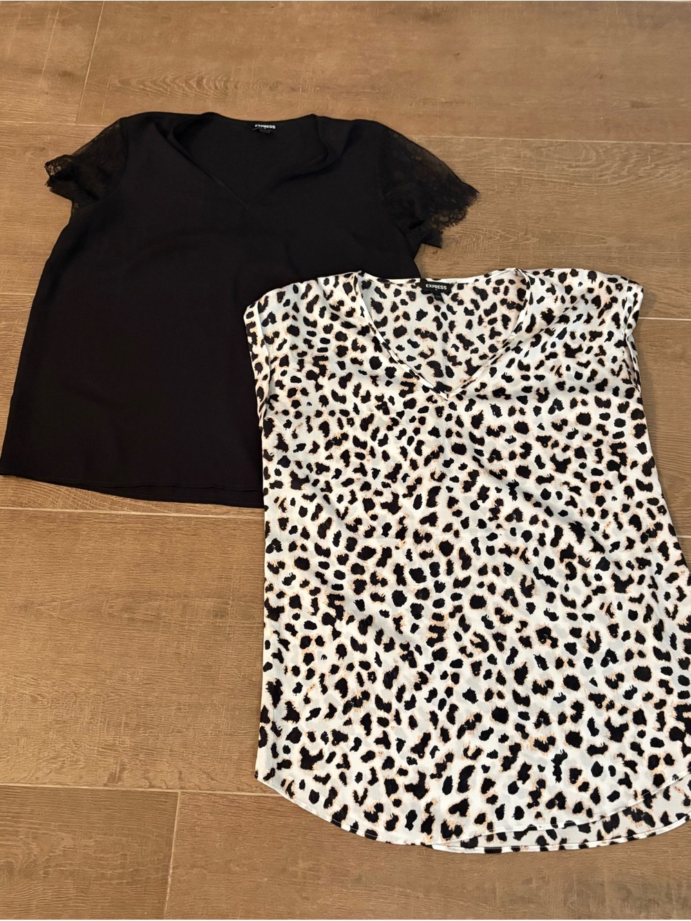 Express Med Black Lace Sleeve Top and White Leopard Print Tee - Two-Pack